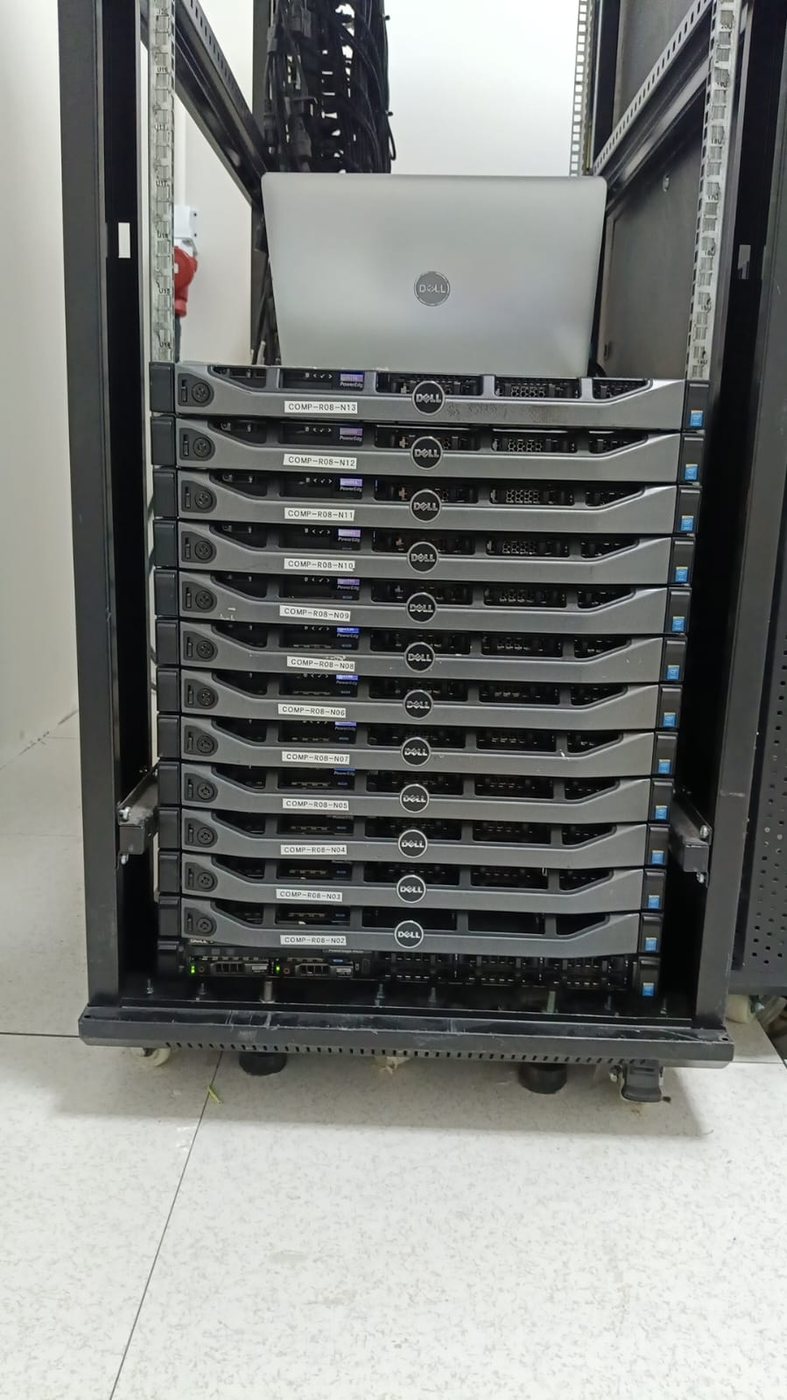 Rack of Dell PowerEdge 1U compute nodes during commissioning by Stark Technology