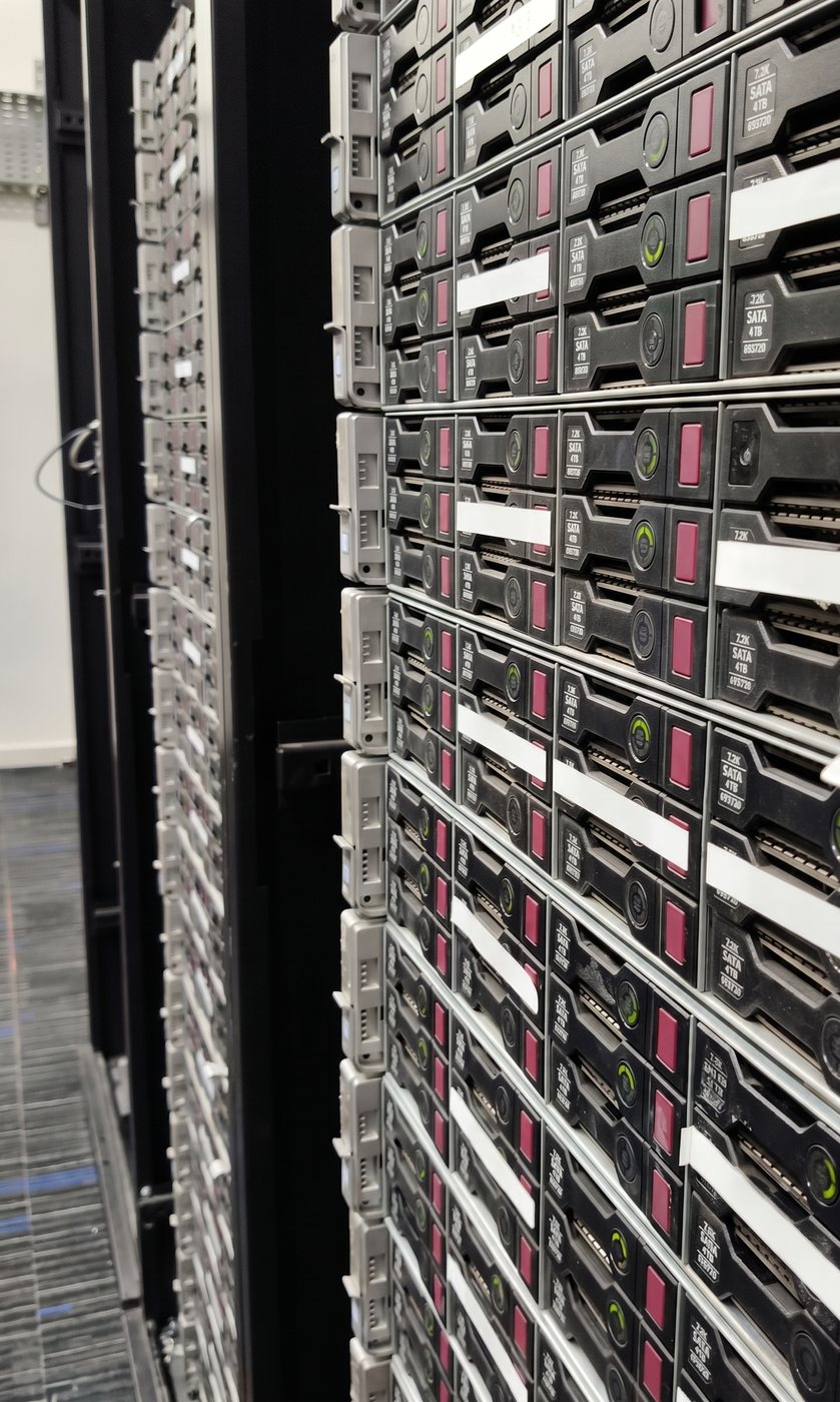 HPE ProLiant nodes viewed along the cold aisle of a data centre cluster