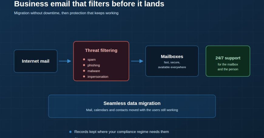 Business email flow with threat filtering before delivery