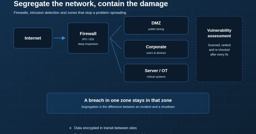 Network segregation with firewall, DMZ and protected zones