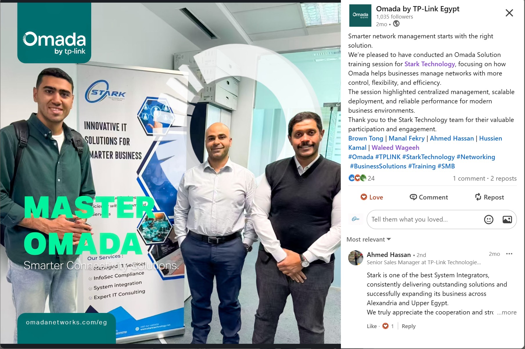 LinkedIn post by Omada by TP-Link Egypt about the Omada Solution training session delivered to the Stark Technology engineering team, with a comment from TP-Link's Senior Sales Manager.